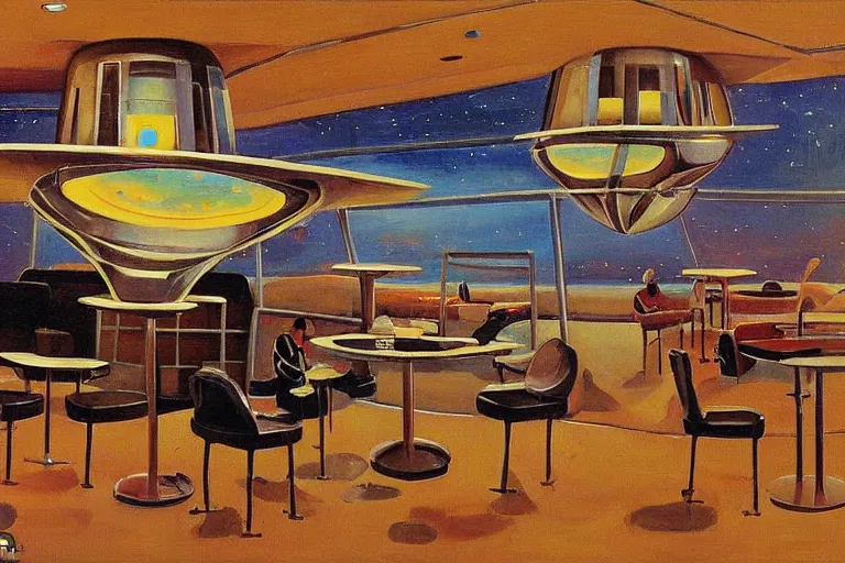 Image similar to coffee shop in a spaceship by robert theodore mccall