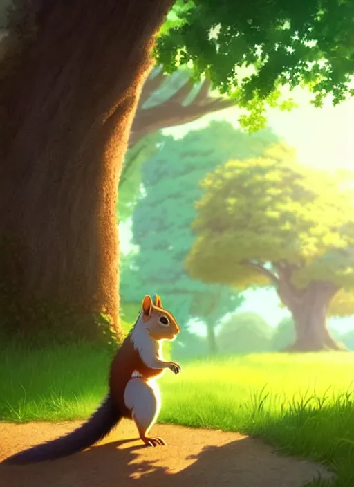 Prompt: a wholesome animation key shot of a squirrel, oak tree in the background, studio ghibli, pixar and disney animation, sharp, rendered in unreal engine 5, anime key art by greg rutkowski, bloom, dramatic lighting