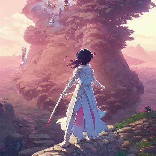 Image similar to the knight and the sword of rose petal, anime, castle core, mountains, rocky roads. by hayao miyazaki and rossdraws and artgerm and greg rutkowski and alphonse mucha and studio ghibli and ilya kuvshinov. high quality, stunning, intricate detailed environment. 8 k