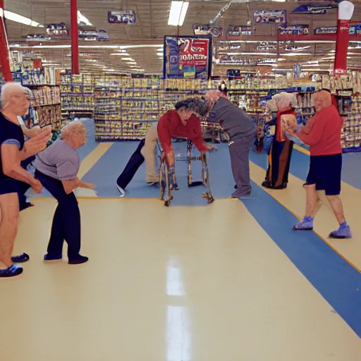 Prompt: senior citizens boxing in Walmart, 35mm film