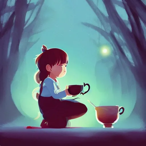 Image similar to little girl drinking tea with a friendly cryptid, digital art, artstation, studio ghibli
