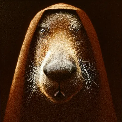 Image similar to a portrait of a capybara wearing a black hood, cloak covering face, anatomically correct, beautiful perfect face, enigmatic, oil painting, matte, black background, volumetric dynamic lighting, highly detailed, cinematic lighting, unreal engine, 8 k, hd, by beksinski