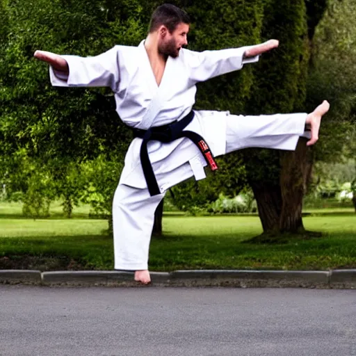 Image similar to man doing a karate kick to the camera