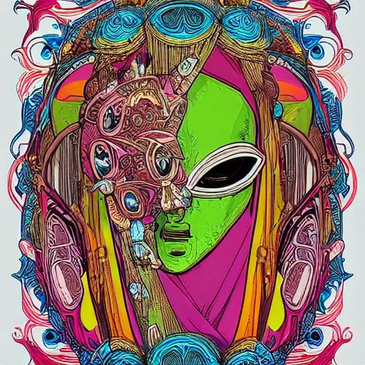 Image similar to beautiful portrait of the colorful masked figure, vivid colors, intricate, highly detailed, masterful, fantasy world, sci fi world, in the style of moebius, akira toriyama, jean giraud