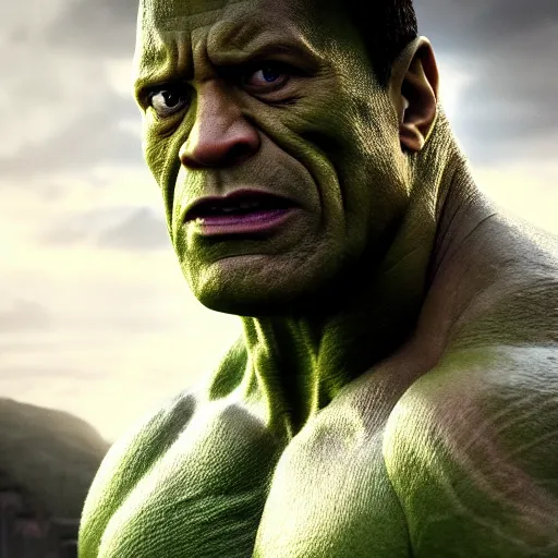 Image similar to dwayne johnson as the hulk by ang lee super realistic octane render 8 k extremely beautiful trending on artstation extremely violent