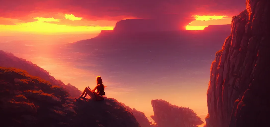 Prompt: a woman sitting on a cliff, burning city in the distance, dramatic sunset, by ilya kuvshinov, krenz cushart, Greg Rutkowski, trending on artstation