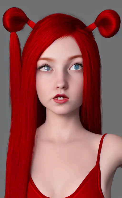 Image similar to photo portrait Red-haired 20-years old girl in a red dress, With two pigtails, green eyes and sliding face plates, standing on the dimly lit stage, realistic, photo, photorealistic, detailed, high quality, 8k, realism