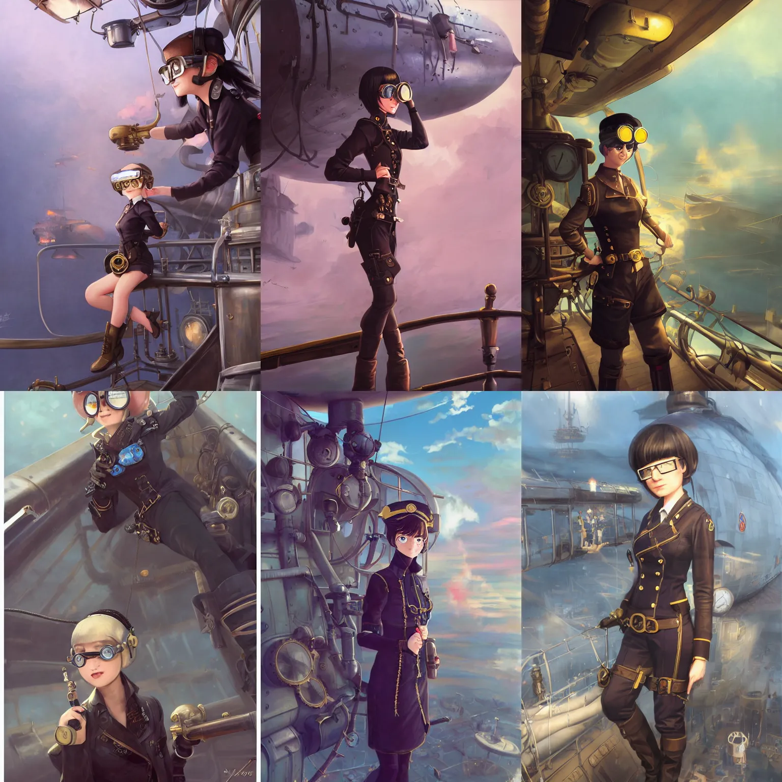 Prompt: a cute woman in an air pirate outfit with black bob cut hair and brass rimmed goggles, standing on the deck of an airship, steampunk setting, gears, steam, mist, vivid colors, soft lighting, atmospheric, cinematic, moody, in the style of Ilya Kuvshinov and Range Murata, Krenz Cushart, oil on canvas, 8k