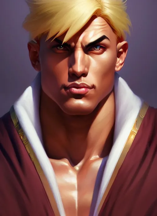 Image similar to Portrait of Ken from Street Fighter, muscular, robes! intricate, elegant, highly detailed, digital painting, artstation, concept art, smooth, sharp focus, illustration, art by artgerm and greg rutkowski and alphonse mucha