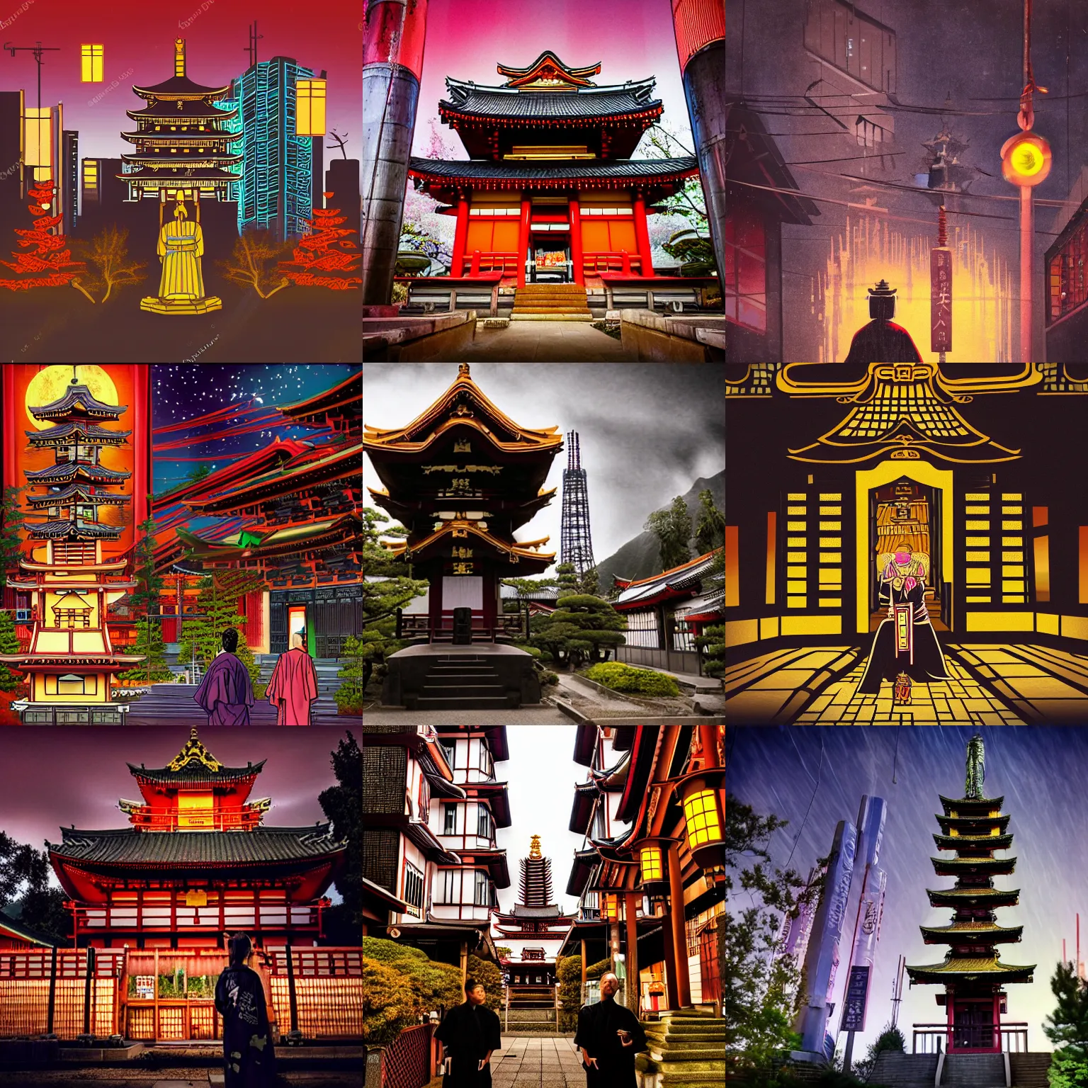 Prompt: saint japanese temple with totem, cyberpunk nightcity, witch in labcoat