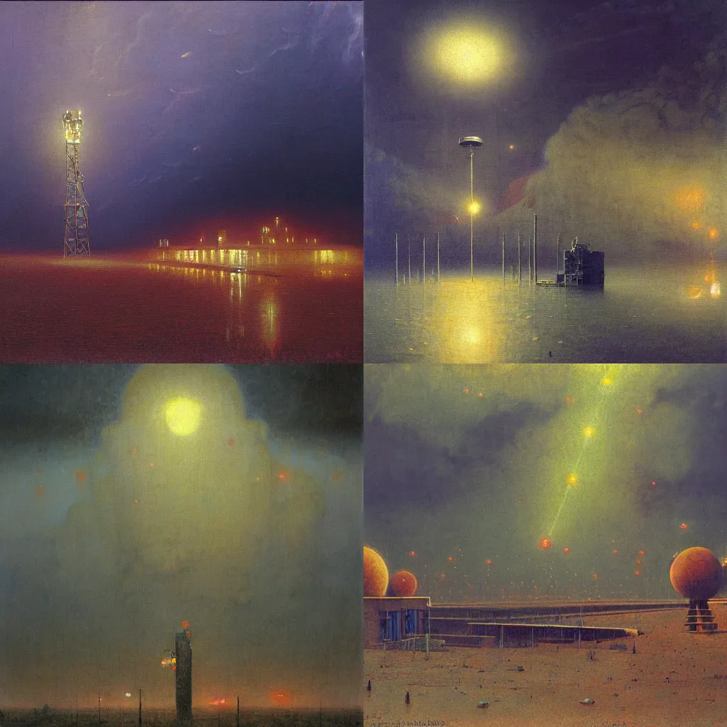 Prompt: detailed painting of a satellite station, exterior, beksinski ornaments, volumetrics lights, beam of bright lights through the clouds, beksinski, andreas achenbach