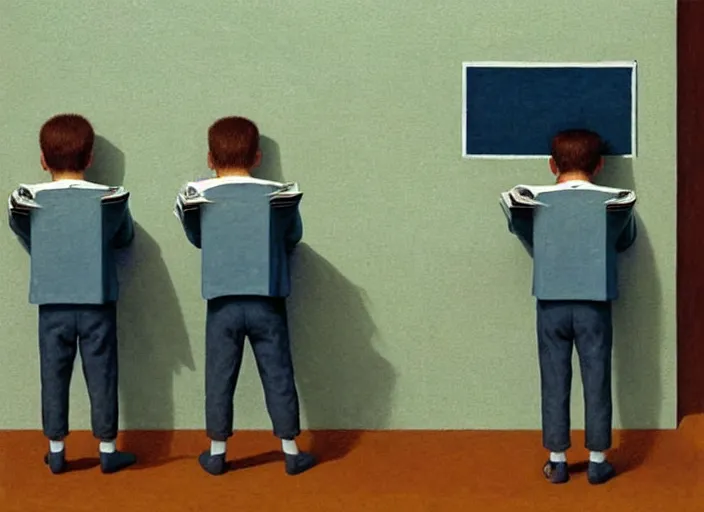 Prompt: a very boring day in school, kids wearing identical clothes reading newspapers, all faced away, painting by quint buchholz and ray caesar, muted colors, gray, dull, boring, low energy, pale blue faces, very detailed