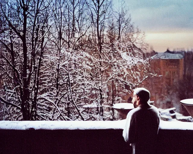 Image similar to lomographic tarkovsky film still of 4 0 years russian man with beard and sweater standing on small hrushevka 9 th floor balcony with cup of tea in winter taiga looking at sunset, cinestill, bokeh