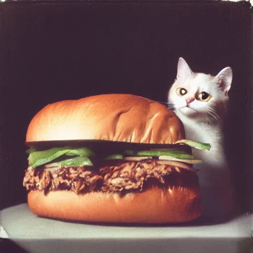 Prompt: Cat eating a big sandwich by Rembrant. Polaroid 70\'s photo