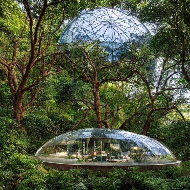 Prompt: avatar home tree under a colossal glass dome, interior, lush vista, landscape