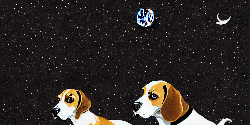 Image similar to highly detailed illustration of black beagle watching the moon