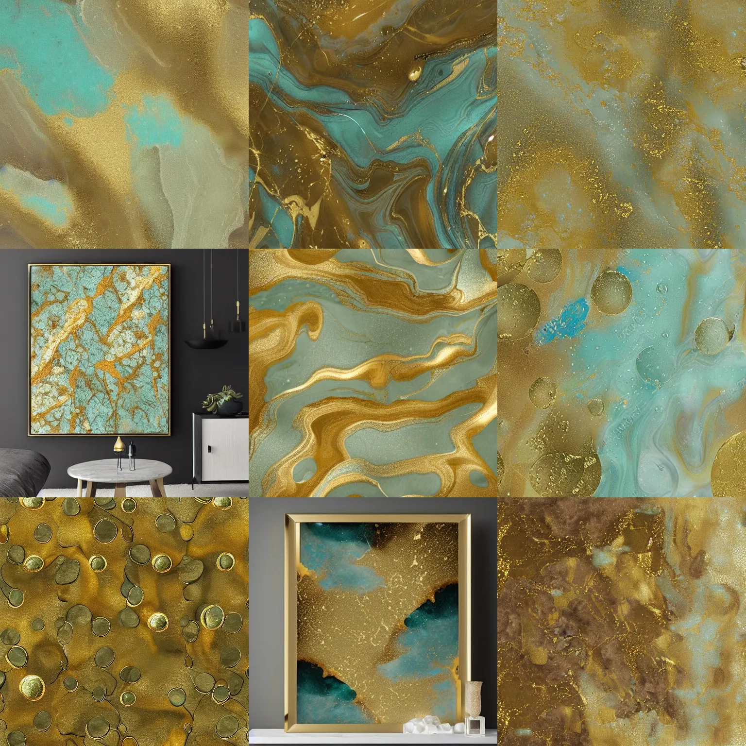 Prompt: beautiful liquid marble texture with oil bubbles. harmonic khaki, gold and mint coloured abstraction. ultradetailed realistic nft art