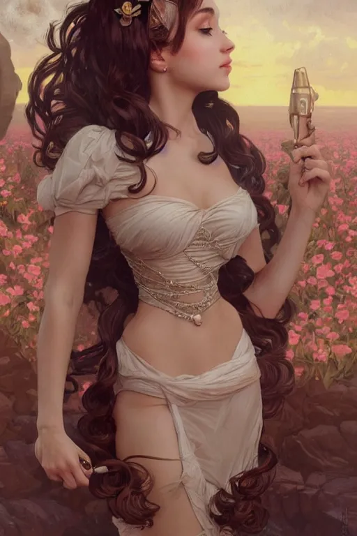 Prompt: beautiful cottagecore Ariana Grande bombshell, full body shot, intricate, elegant. the background is chocolate !. highly detailed, digital painting, artstation, concept art, smooth, sharp, focus, illustration. . art by artgerm and greg rutkowski and alphonse mucha