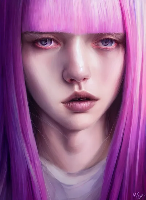 Image similar to hair whitebangs hair, black hair, whitebangs, portrait of teenage girl with white bangs, red irises, purple clothes, white bangs, bangs are different color from hair, intricate, elegant, glowing lights, highly detailed, digital painting, artstation, concept art, smooth, sharp focus, illustration, art by wlop, mars ravelo and greg rutkowski