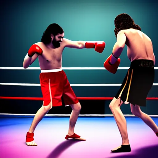 Prompt: Jesus fighting a demon in a boxing ring, photorealistic, 4K