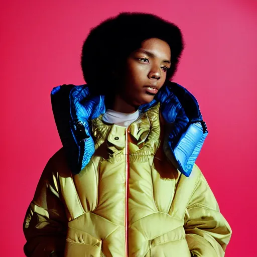 Image similar to realistic photoshooting for a new issey miyake lookbook, color film photography, portrait of a beautiful woman, model is wearing a futuristic puffer jacket, in style of tyler mitchell, 3 5 mm,