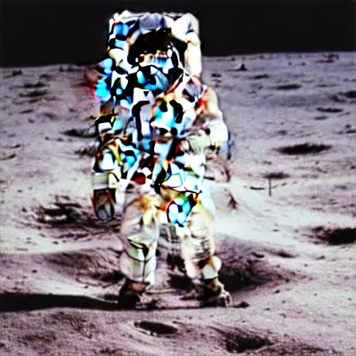 Image similar to a painting of astronauts walking on the moon with the earth in the background, by howard finster