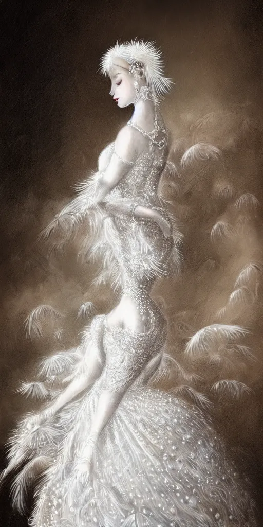 Prompt: a lady with a decorated dress made of white pearls and white plumes of swan highly detailed digital _ painting, cinematic, dramatic lighting