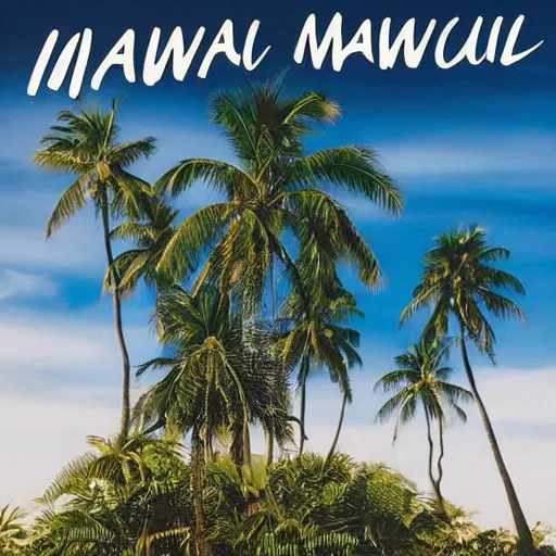 Image similar to miracle musical Hawaii part ii album cover, showing an ocean in the background, spiral transparent stairs on the left with tall palm trees behind it, a slight rainbow in the background, white outline border, moon in the right top area black and white except for the rainbow album cover