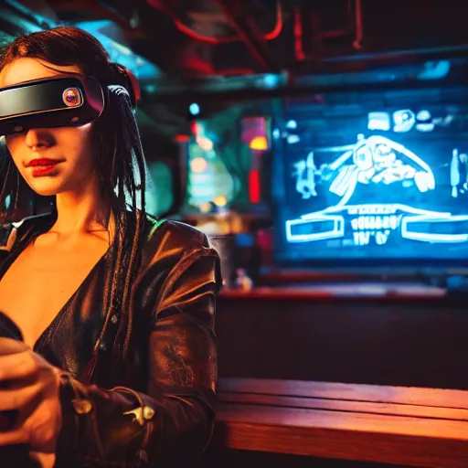 Image similar to a high quality portrait of a beautiful stunning pirate in a cyberpunk cyberpunk cyberpunk cafe wearing a VR visor, realism, 8k, award winning photo