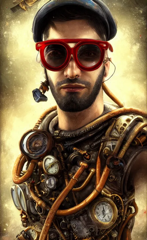 Prompt: underwater steampunk biopunk portrait of a black haired ducktail bearded young middle eastern american male wearing black wayfarer glasses and red baseball cap, cinematic lighting, studio quality, smooth render, unreal engine 5 rendered, octane rendered, art style by klimt and nixeu and ian sprigger and wlop and krenz cushart.