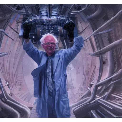 Prompt: Cinematic Imax depiction of Bernie Sanders as a rustic cyborg in the style of Wayne Barlowe 3840 x 2160