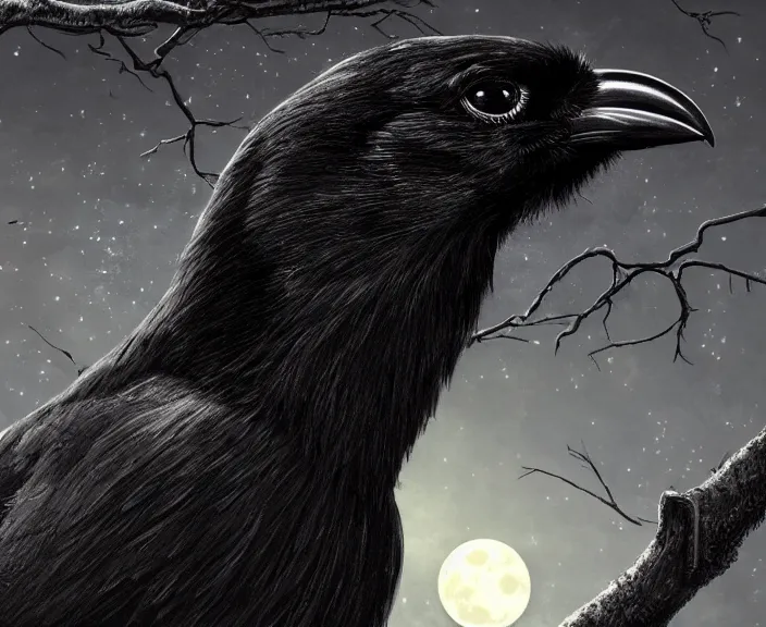 Prompt: a hyper-detailed fantasy wallpaper book cover, close-up portrait of a crow on a tree in front of the full big moon; an extraordinary masterpiece!!!; flawless; proud posture; photorealistic eyes; trending on artstation; f/1.4; 90mm