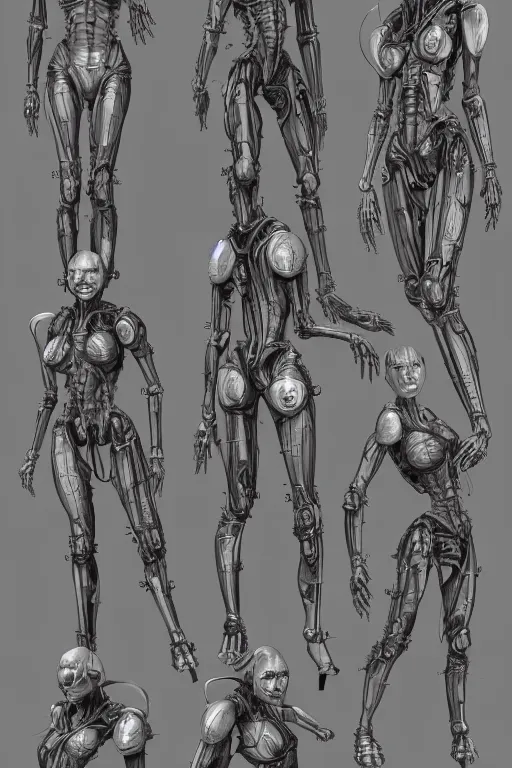 Prompt: she devil with gunmetal grey skin, medical anatomy, very symmetrical face, highly detailed, mecha, three - perspective / three - view reference sheet ( front / back / side ), in the style of dan ouellette, hr giger, sil from species, dren from splice, biomechanical, artstation, unreal engine