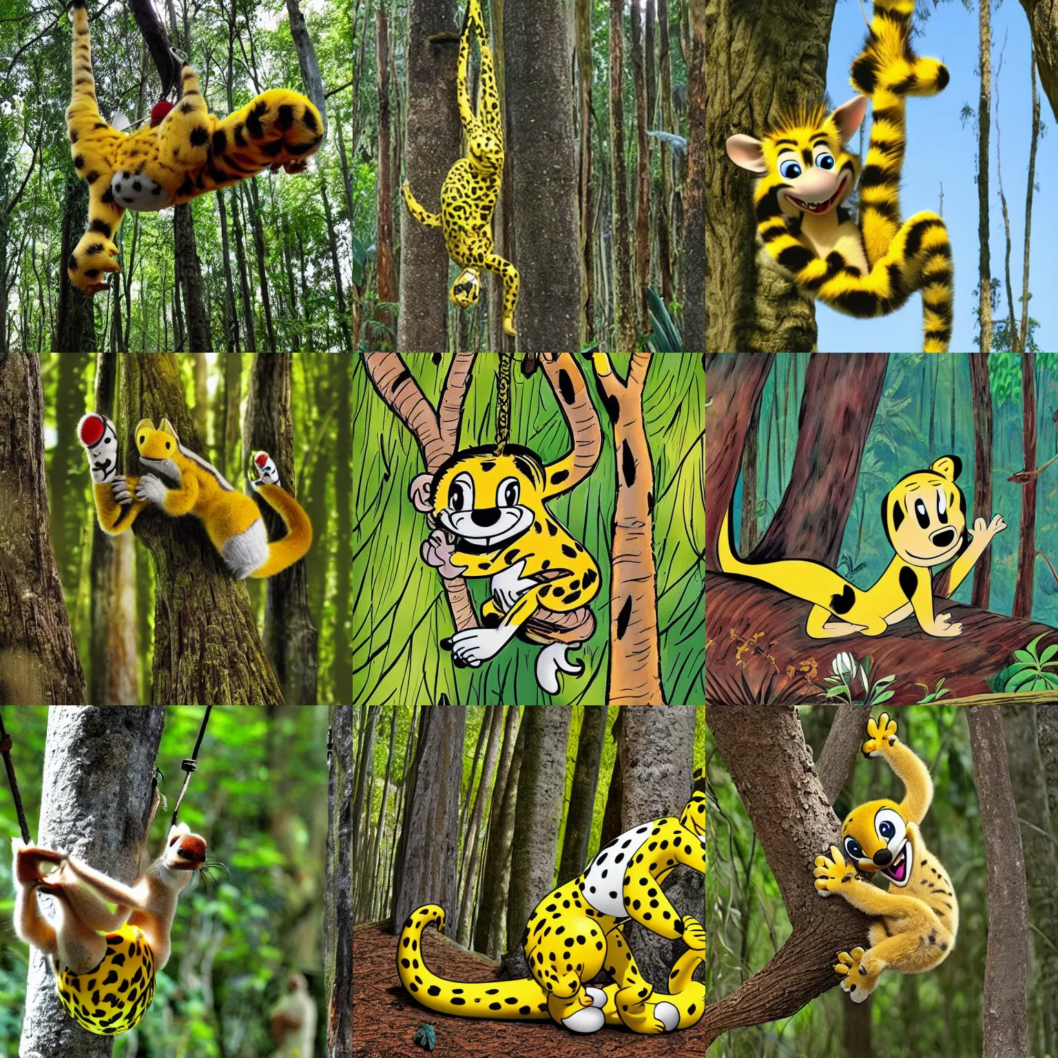 Prompt: the marsupilami in the forest, hanging upside down, long tail, cartoon