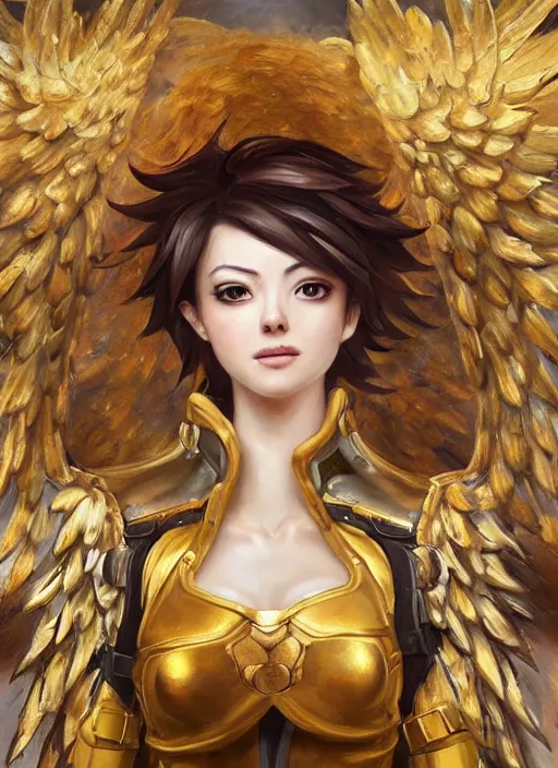 Image similar to full body oil painting of tracer overwatch in the style of sophie anderson, angel wings, angelic golden armor, dramatic painting, symmetrical composition, ornate, golden chains, high detail, gold detailed collar!!!!!, blooming, angelic, lights, flowers, heavenly, bright, detailed face,