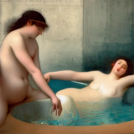 Image similar to masterpiece painting of bathing women, by Jean-Auguste-Dominique Ingres, wide angle, minimalistic cinematic composition, octane render, bokeh, unreal engine, 4k, 3d render