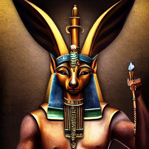 Image similar to Anubis God, Egyptians decor, very detailed, artstation, illustration, masterpiece, digital art, Oil Painting, Furry Art