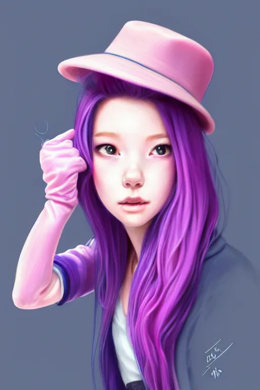 Image similar to gorgeous!!! hyper - realistic teenager girl with pink hair, light pink fedora hat and light pink jacket, with purple gloves, blue jeans and white shoes | drawn by wlop, drawn by jeehyung lee, drawn by artgerm | intricate, highly detailed, digital painting, character design, concept art, illustration, artstation