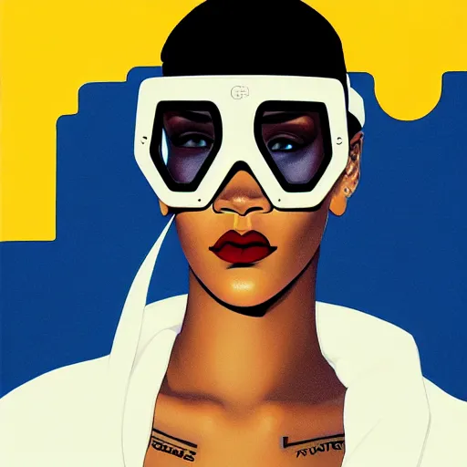 Image similar to Rihanna wearing opaque reflective goggles profile picture by Greg Rutkowski, asymmetrical, futuristic, volumetric lights, streetwear, studio ghibli, Organic Painting , Matte Painting, geometric shapes, hard edges, trending on the artstation, fantasy LUT, realistic by Sachin Teng + Martin Grip + Moebius + Patrick Gleason, smooth, sharp focus, illustration, art by John Collier and Albert Aublet and Krenz Cushart and Artem Demura and Alphonse Mucha, techwear, Industrial Scifi, detailed illustration, character portrait,