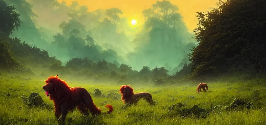 Prompt: breathtaking watercolor painting of massive green hounds with shaggy green fur leaping through a lush valley of deep grass with a dramatic red sky, fantasy art by greg rutkowski, loish, rhads, ferdinand knab, makoto shinkai and lois van baarle, ilya kuvshinov, tom bagshaw, global illumination, radiant light