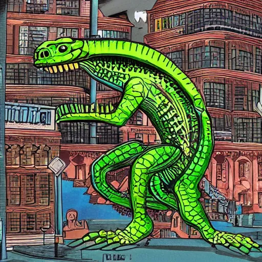 Prompt: huge mechanical reptilian destroying a city