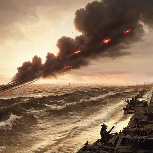 Image similar to a great angle of d - day while all the troops are landing with their boats fighting the germans in a bloody battle by greg rutkowski