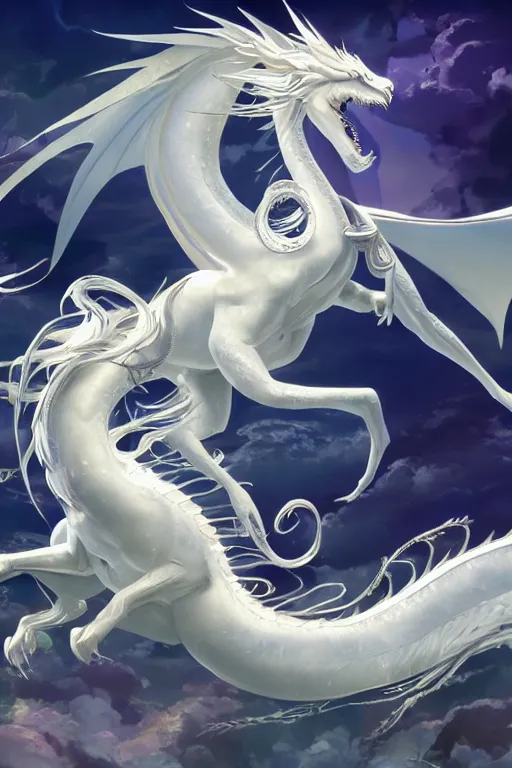 Prompt: beautiful scene render that a princess ride on a huge silver white dragon back, finely detailed angelic face delicate features directed gaze, in the fairyland surrounded by white clouds, style of makoto shinkai, raphael lacoste, louis comfort tiffany, artgerm, james jean, ross tran, 8 k hd, ultra wide angle, animation style, hyper detailed