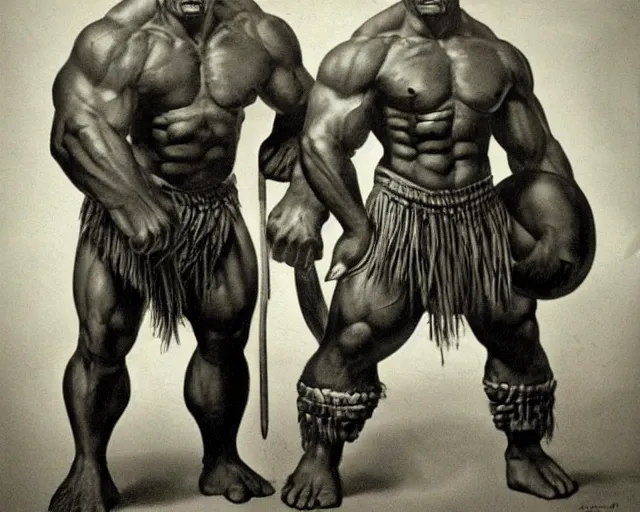 Image similar to hyper realistic group vintage photograph of an orc warrior tribe, tall, muscular, hulk like physique, tribal paint, tribal armor, grain, old