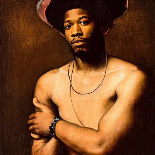 Prompt: a renaissance portrait painting of kid cudi in the style of rembrandt van rijn & caravaggio