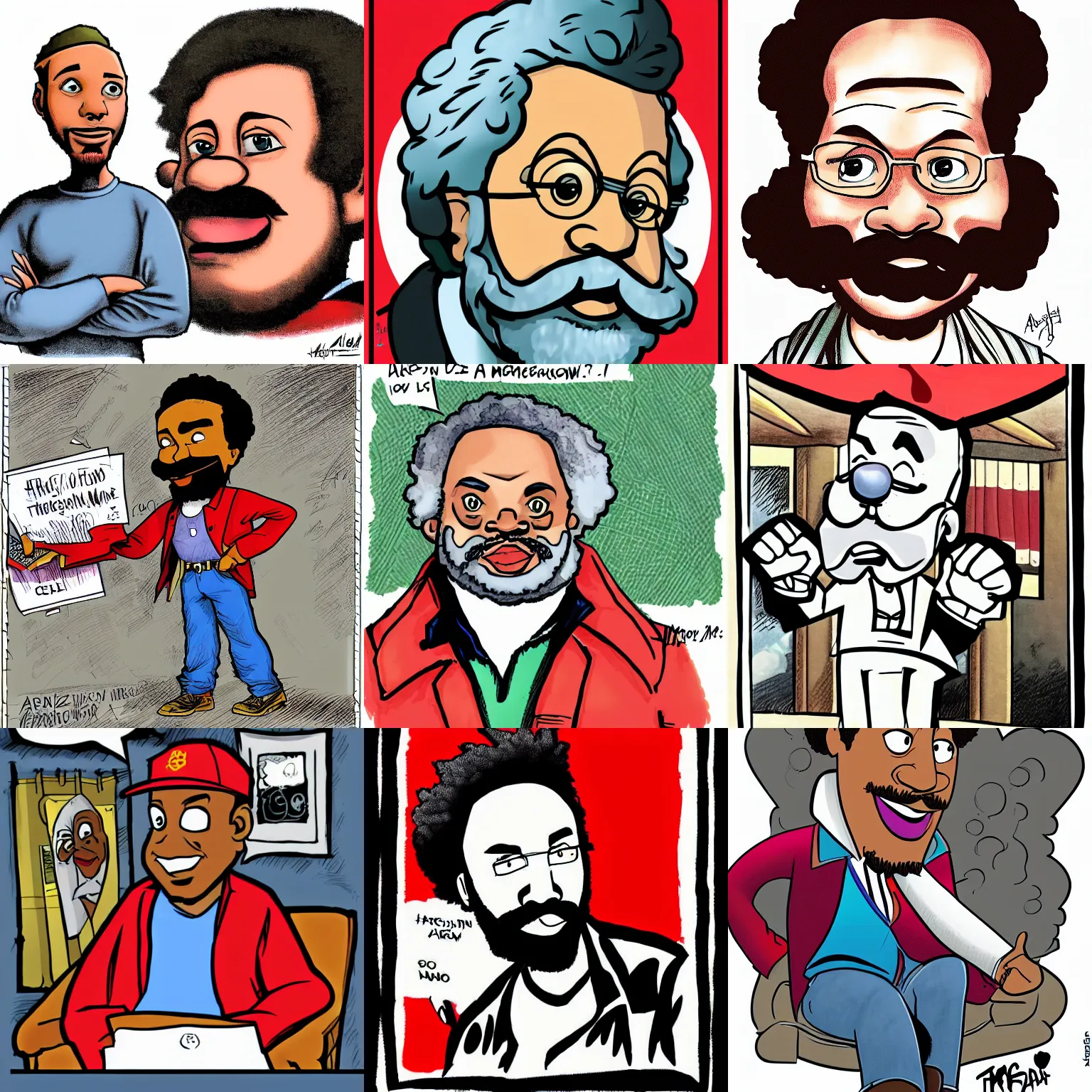 Prompt: marx drawn by Aaron McGruder, color