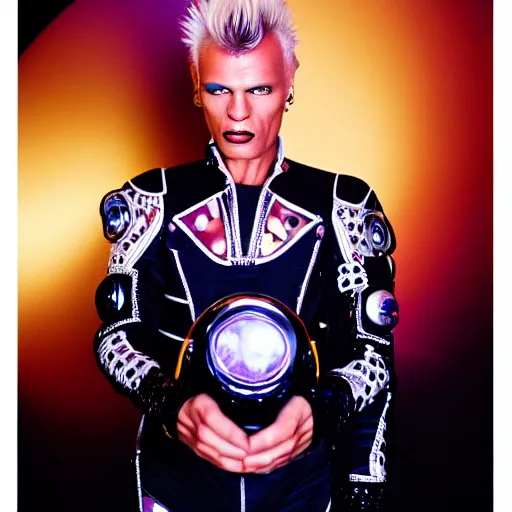 Image similar to uhd candid photo of cosmic billy idol wearing a spacesuit, glowing, global illumination, studio lighting, radiant light, detailed, correct face, elaborate intricate costume. photo by annie leibowitz