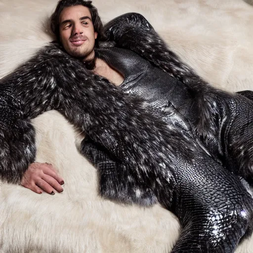 Image similar to portrait, a man wearing a giant scaly shiny wet rubber lizard costume with a huge extravagent fur coat and a giant shiny expensive fur coat, beautiful women laying all around him on a luxurious expensive bed, ultra - detailed, photorealistic, 4 k