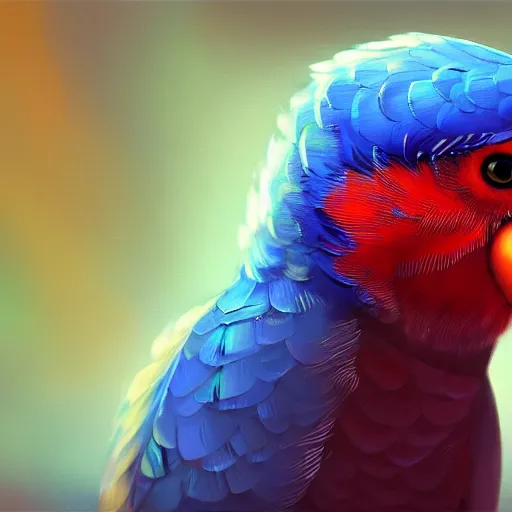 Image similar to an oil painting of a blue budgie with red dragon wings, hd, hdr, ue 5, ue 6, unreal engine 5, cinematic 4 k wallpaper, 8 k, ultra detailed, high resolution, artstation, award winning