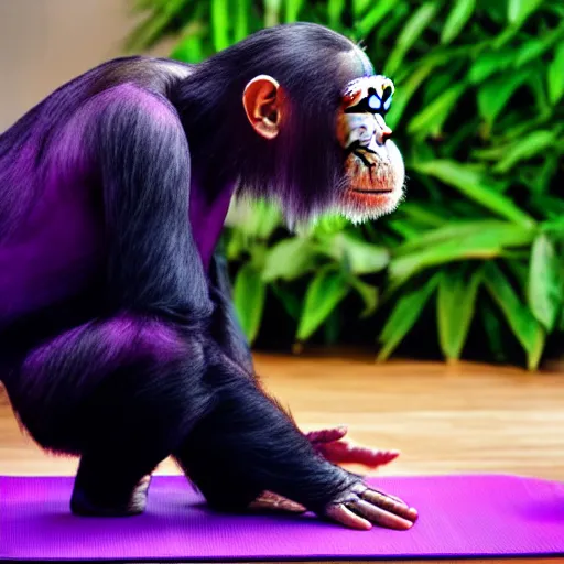 Image similar to photo of chimpanzee wearing yoga pants doing yoga in a yoga studio on a purple yoga mat, 5 0 mm, beautiful photo